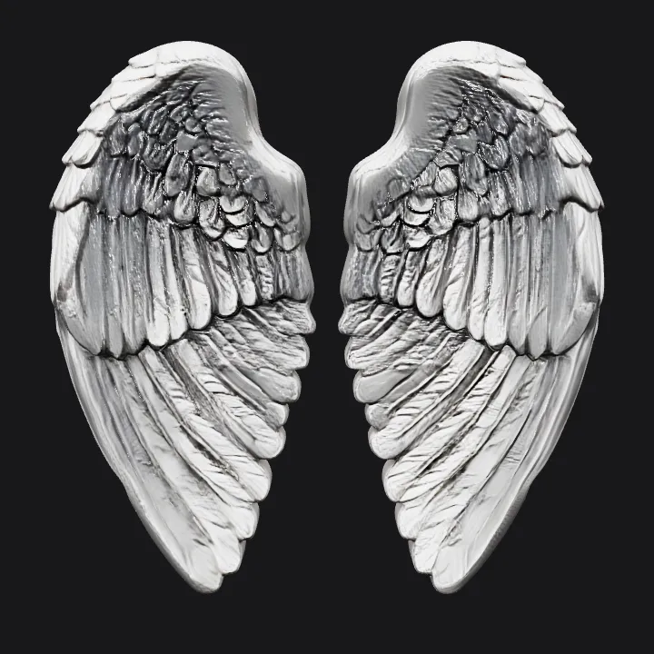 A pair of angel wings, metallic texture. smooth edges, complex geometry, game-ready, symmetric geometry.