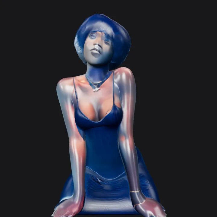 Woman in a sleeveless dress posing. complex geometry, character.