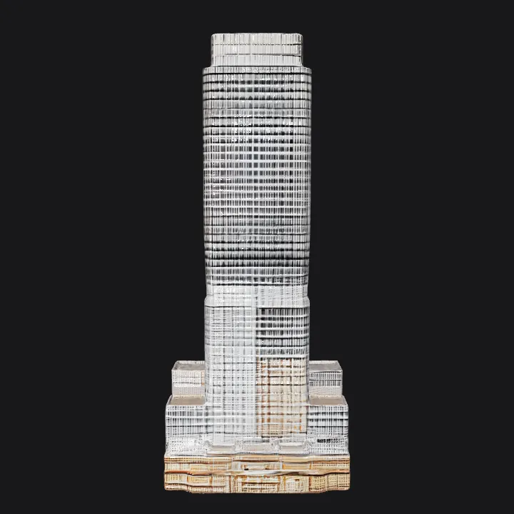 Tall modern skyscraper in city center. sharp edges, complex geometry, symmetric geometry.