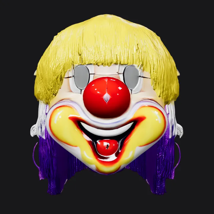 Clown face mask with yellow hair. sharp edges, complex geometry, character, symmetric geometry.