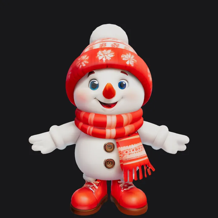 Cute snowman with red hat and scarf. smooth edges, simple geometry, game-ready, character, symmetric geometry.