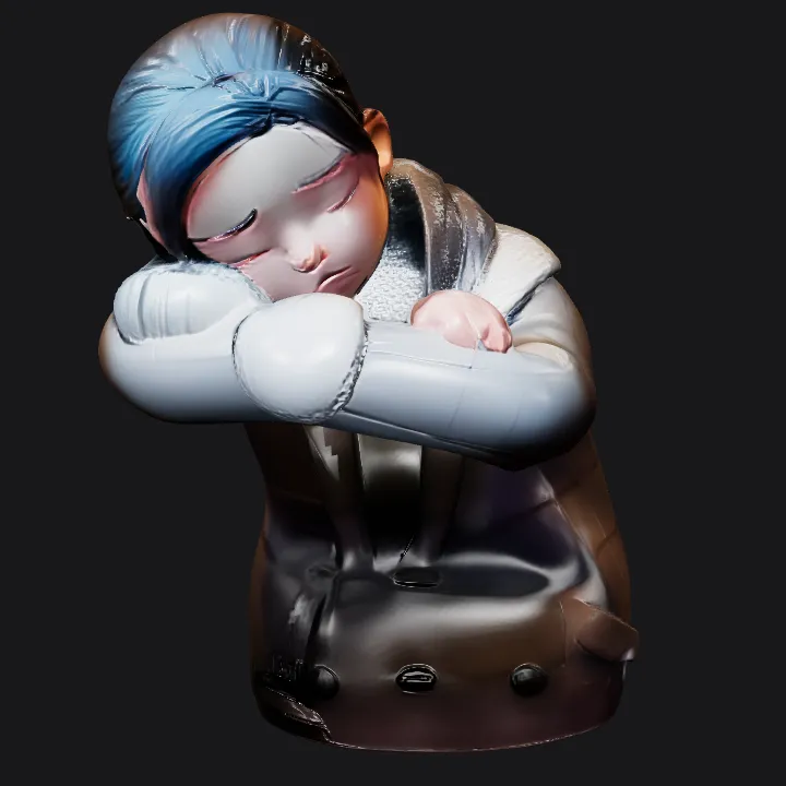 Person sitting at desk with computer. complex geometry, smooth edges, character.