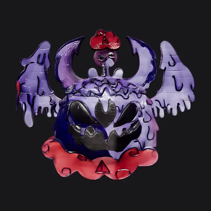 Cartoonish, bat-winged purple monster with a jack-o-lantern face. smooth edges, complex geometry, character, symmetric geometry.