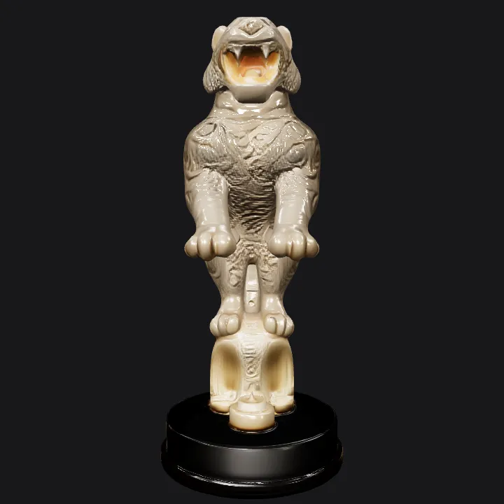 Ornate tiger sculpture with intricate carvings. complex geometry, sharp edges.