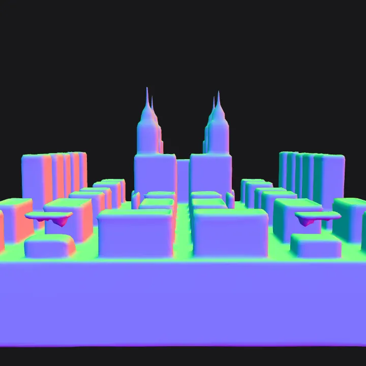 A detailed city block with buildings and roads. sharp edges, complex geometry, game-ready.