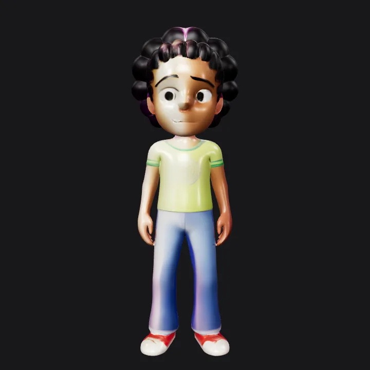 Stylized person wearing jeans and a green shirt. simple geometry, game-ready, character.