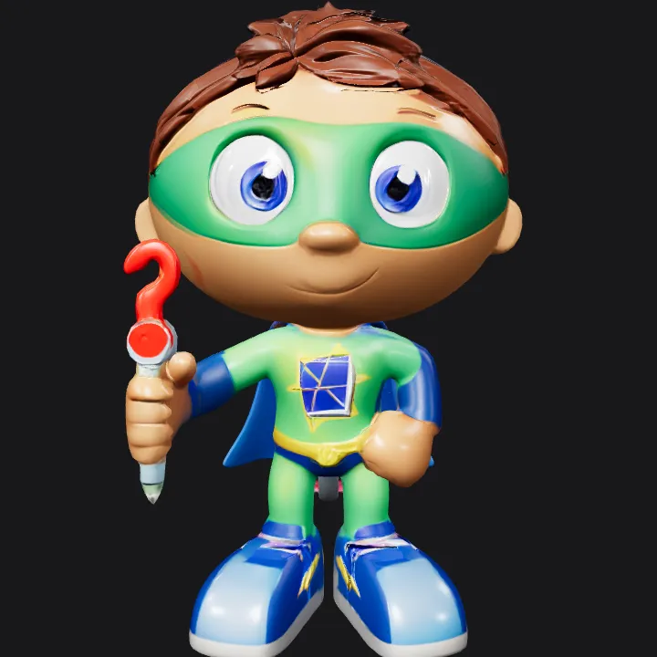 cartoon boy superhero holding a pencil. smooth edges, simple geometry, game-ready, character.