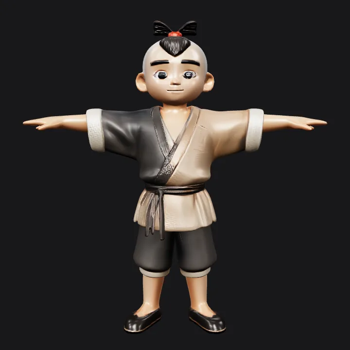 child in traditional outfit with arms outstretched. smooth edges, simple geometry, game-ready, character, symmetric geometry.
