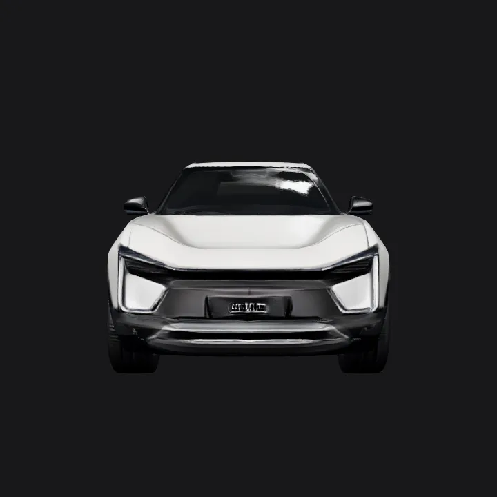 Futuristic electric SUV car front view. sharp edges, complex geometry, smooth edges, game-ready, symmetric geometry.