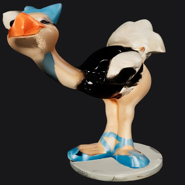 Cartoon ostrich figurine with blue accessories. smooth edges, complex geometry, character.