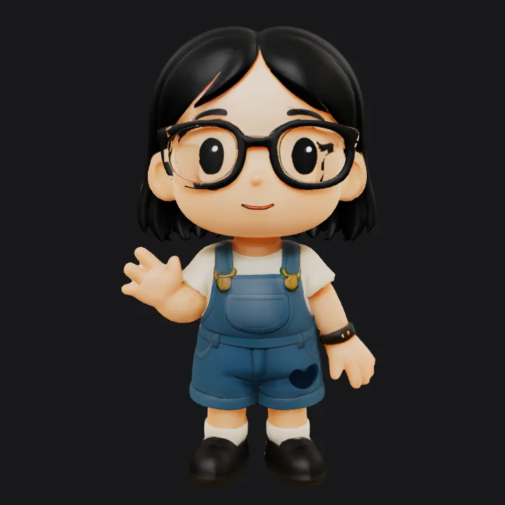 Chibi-style girl figurine with black hair. smooth edges, simple geometry, game-ready, character, symmetric geometry.