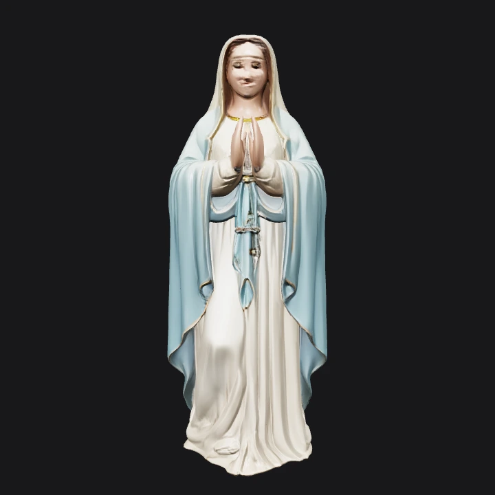 Statue of woman in robe with rosary. smooth edges, complex geometry, character, symmetric geometry.