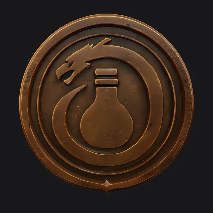 Dragon encircling a potion bottle emblem. smooth edges, simple geometry, game-ready, symmetric geometry.