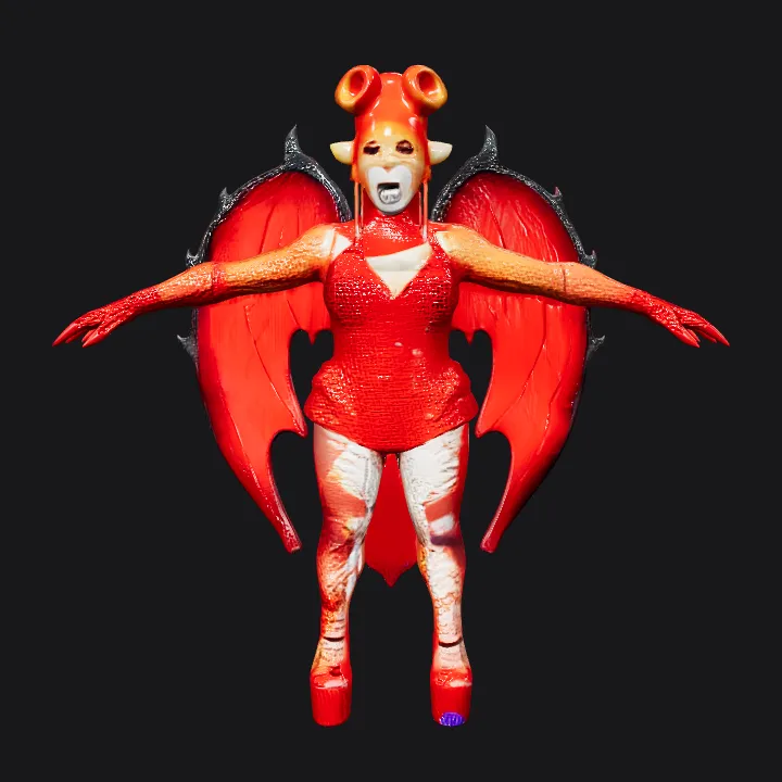Person in red devil costume with wings. complex geometry, sharp edges, character.