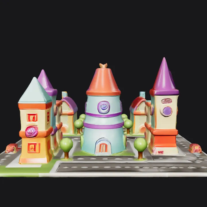 Colorful toy town with buildings and cars. smooth edges, complex geometry, game-ready.