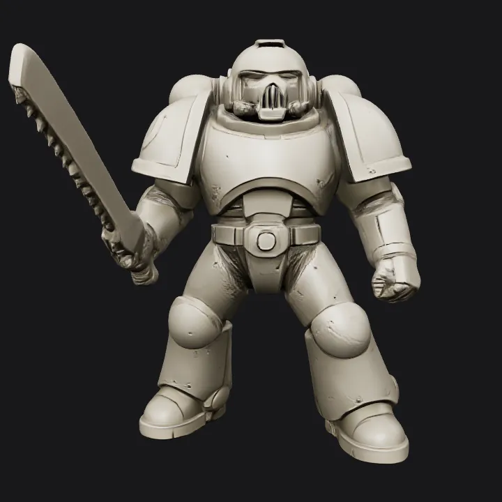 Armored sci-fi soldier with chainsword. smooth edges, complex geometry, game-ready, character.