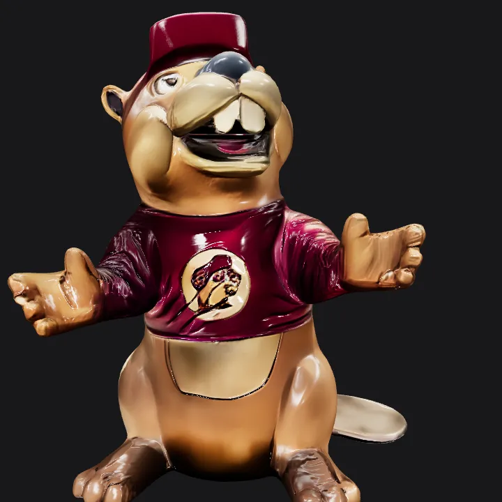 Statue of a cartoonish beaver mascot. simple geometry, game-ready, character, symmetric geometry.