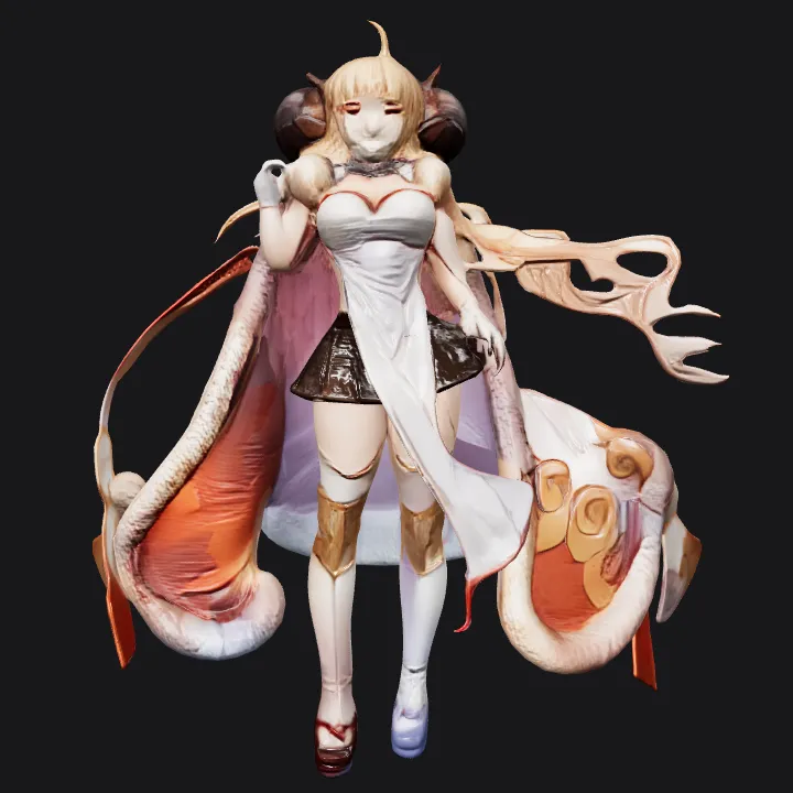 Anime girl with horns and cape. complex geometry, smooth edges, character.