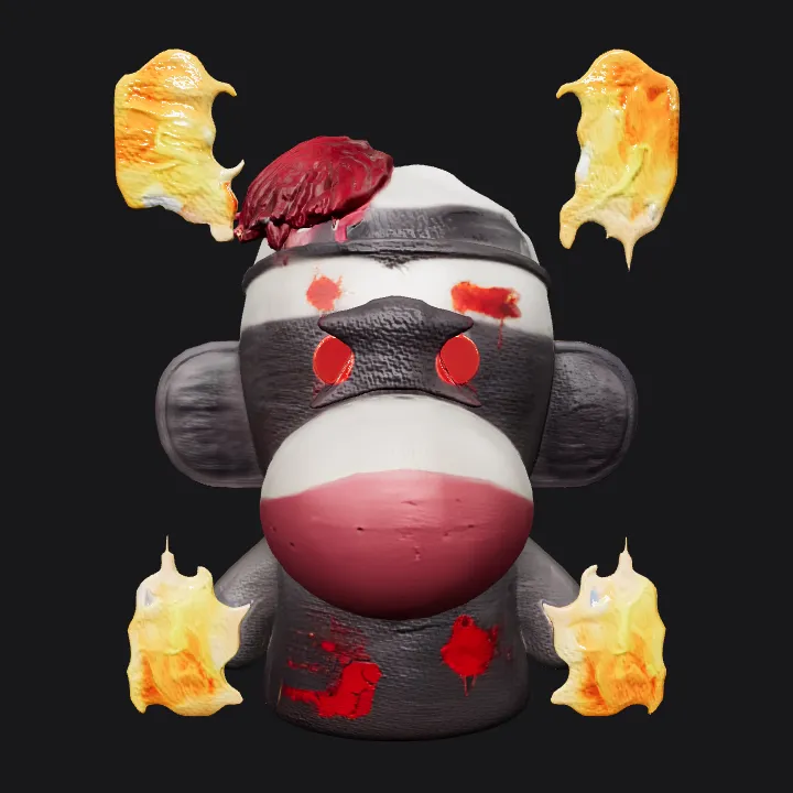 Sock monkey with burning eyes and fire. smooth edges, simple geometry, character, symmetric geometry.