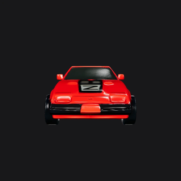 Red toy sports car with black accents. sharp edges, simple geometry, symmetric geometry.