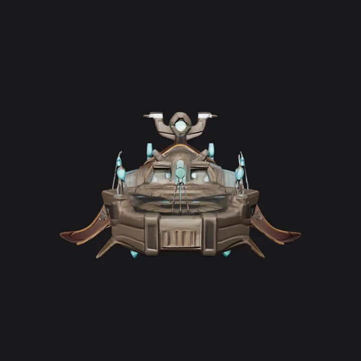 Futuristic sci-fi flying ship with neon lights. sharp edges, complex geometry, game-ready.