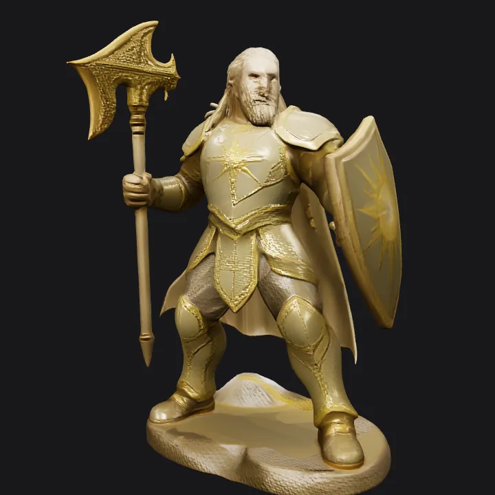 armored warrior statue holding axe and shield. sharp edges, complex geometry, character.