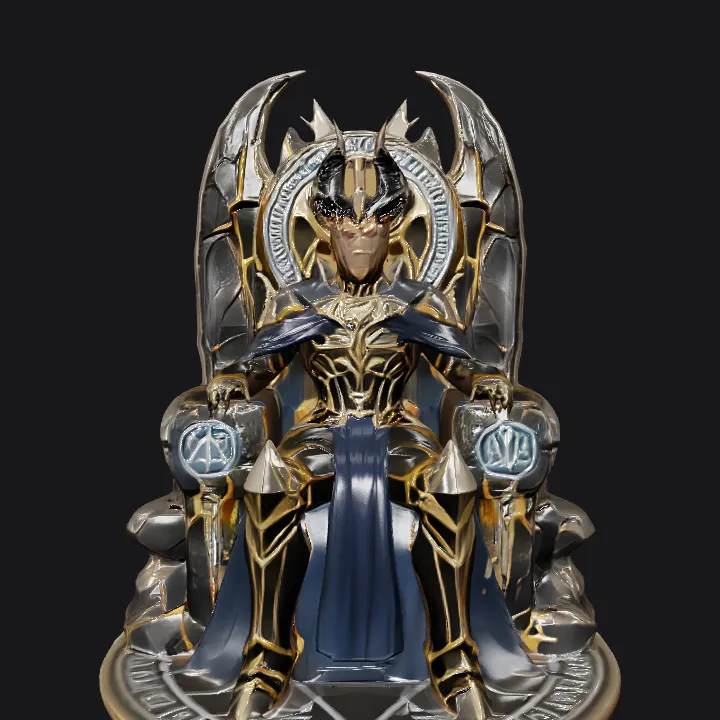Armored ruler on throne with magical symbols. sharp edges, complex geometry, game-ready, character, symmetric geometry.