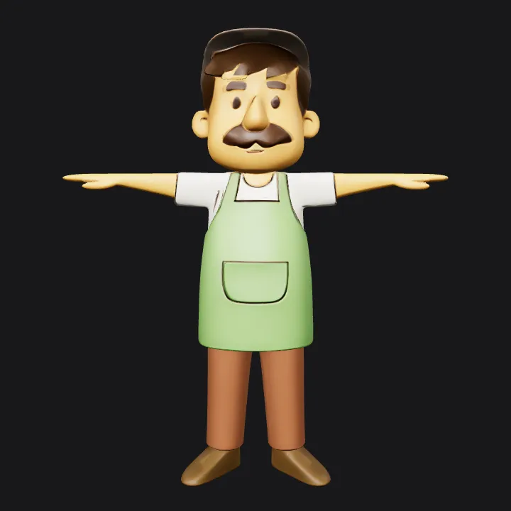 Man wearing green apron, arms outstretched. simple geometry, smooth edges, game-ready, character, symmetric geometry.