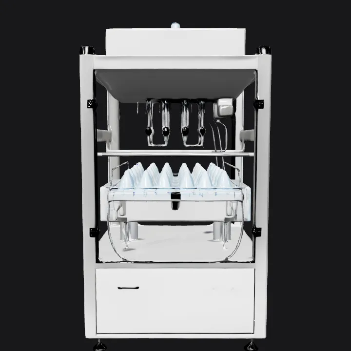 automatic liquid bottle filling machine. sharp edges, complex geometry, symmetric geometry.