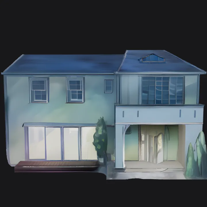 Modern two-story house with yard. sharp edges, complex geometry.