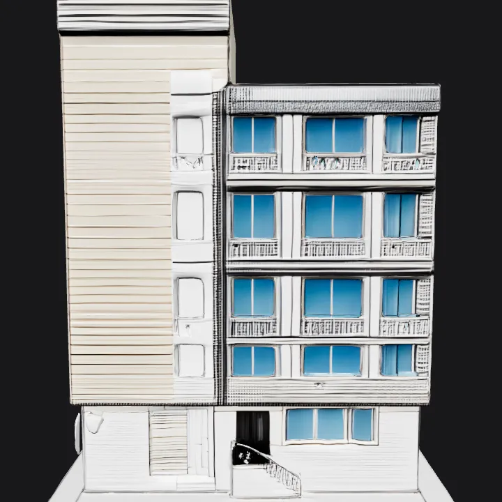 Modern three-story residential building. sharp edges, complex geometry.