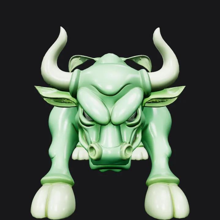Cartoon green bull figurine, aggressive pose. smooth edges, complex geometry, game-ready, character.