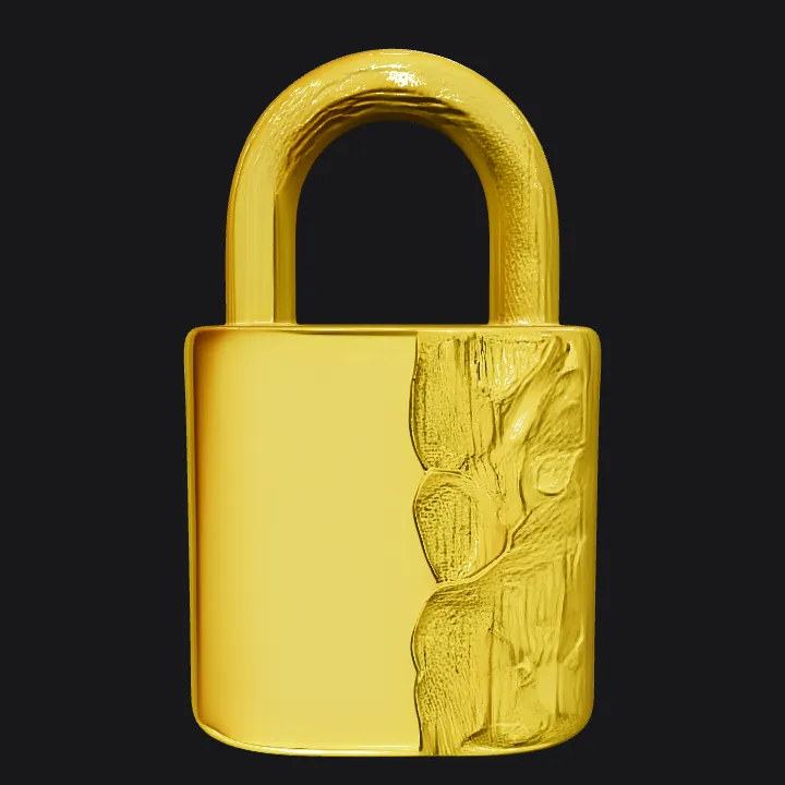 Golden padlock with textured surface. sharp edges, smooth edges, simple geometry, game-ready, symmetric geometry.
