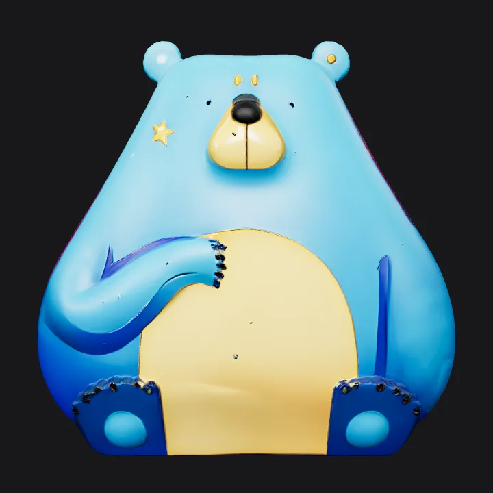 Cartoon blue bear sitting. smooth edges, simple geometry, game-ready, character, symmetric geometry.