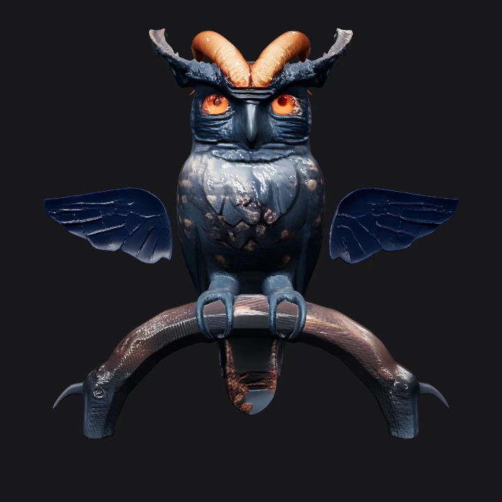 ornate horned owl perched on branch. complex geometry, sharp edges, symmetric geometry.