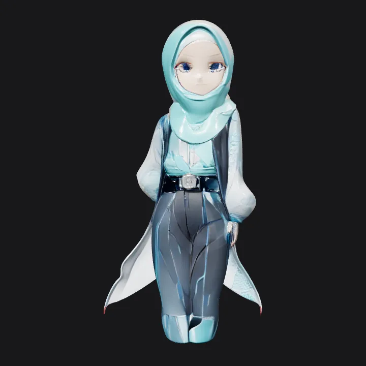 Person in modern blue attire and hijab. smooth edges, complex geometry, character.