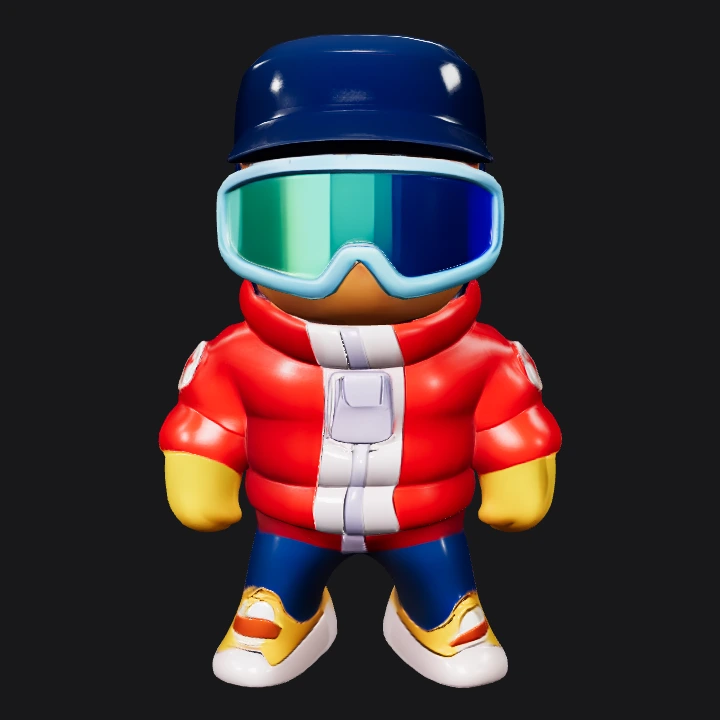 Cartoon character in winter sports outfit. simple geometry, game-ready, character, symmetric geometry.