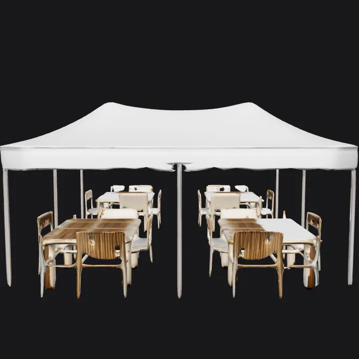Outdoor event tent with tables and chairs. smooth edges, simple geometry, symmetric geometry.