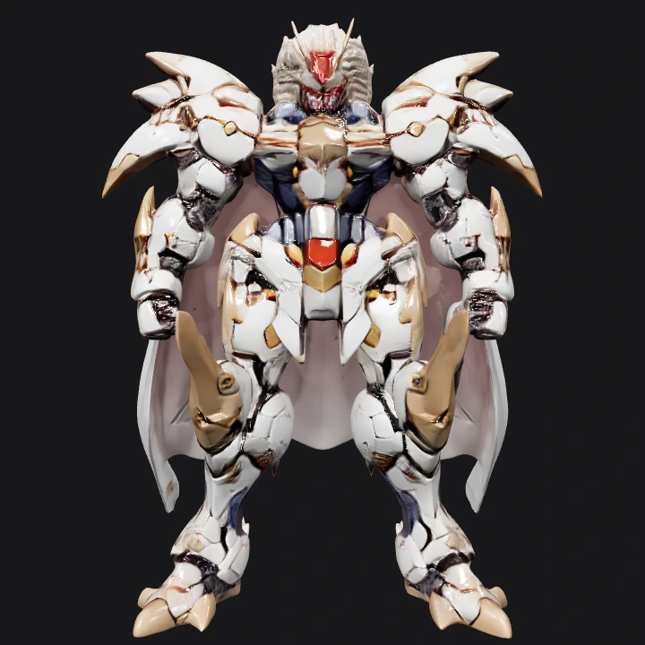 Armored humanoid robot holding a sword. sharp edges, complex geometry, game-ready, character, symmetric geometry.