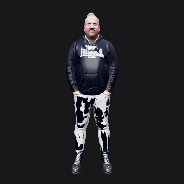 Person standing in casual clothes. complex geometry, character.