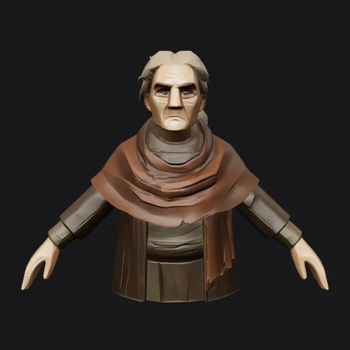 Standing elderly person with layered clothing. smooth edges, complex geometry, game-ready, character.