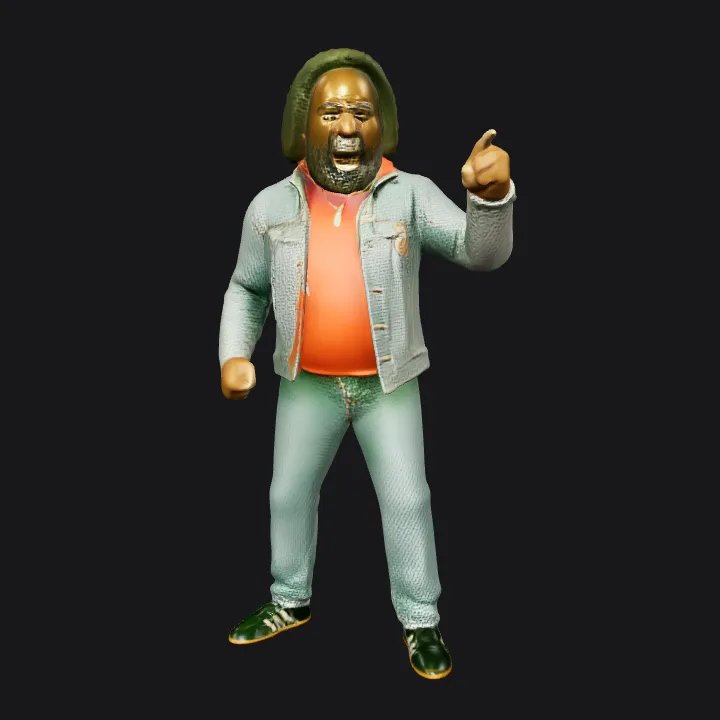 Person wearing denim outfit pointing. smooth edges, complex geometry, character.