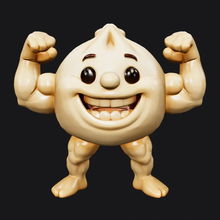 Muscular anthropomorphic dumpling character. smooth edges, complex geometry, game-ready, character, symmetric geometry.
