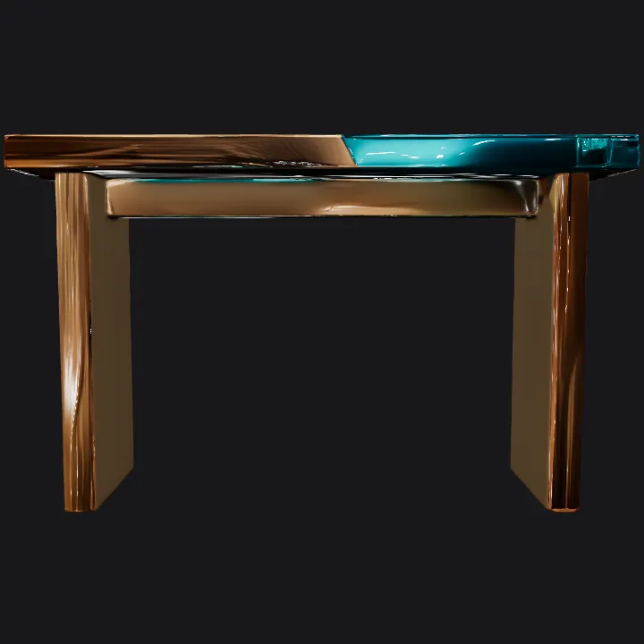 Wooden table with blue resin river. sharp edges, complex geometry, game-ready.