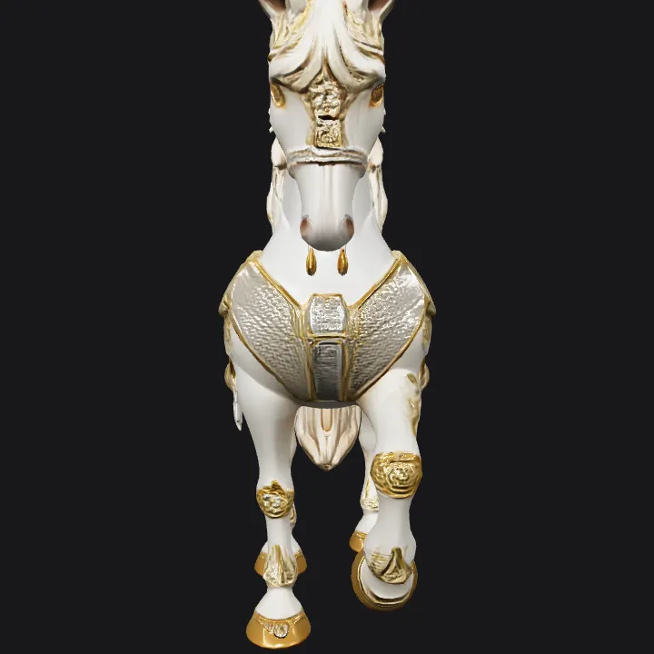 Ornate white and gold horse figurine. complex geometry, smooth edges, sharp edges.