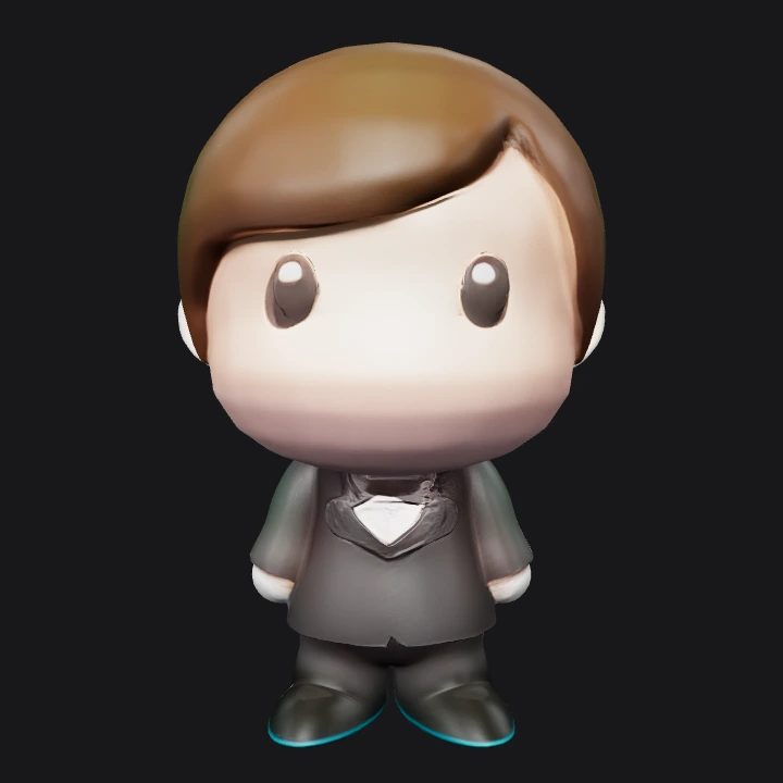 cartoon man in a suit. smooth edges, simple geometry, game-ready, character, symmetric geometry.