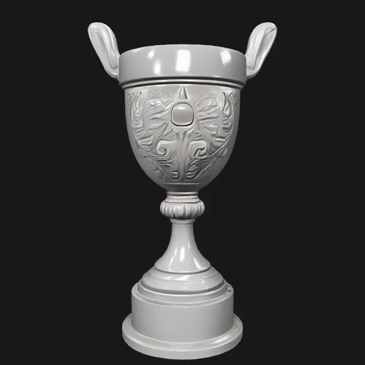 Decorative trophy cup with ornate design. smooth edges, complex geometry, symmetric geometry.