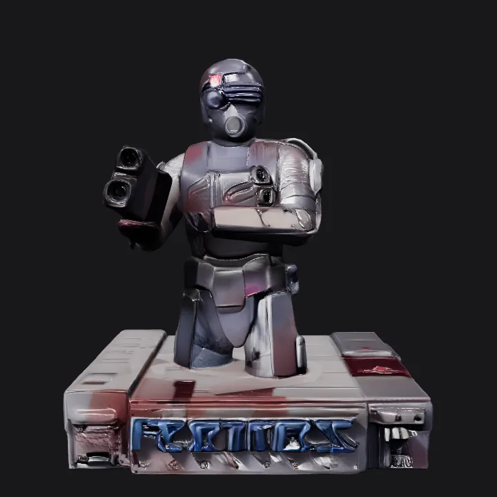 Armored futuristic soldier statue labeled 'FORTRESS'. sharp edges, complex geometry, game-ready, character.