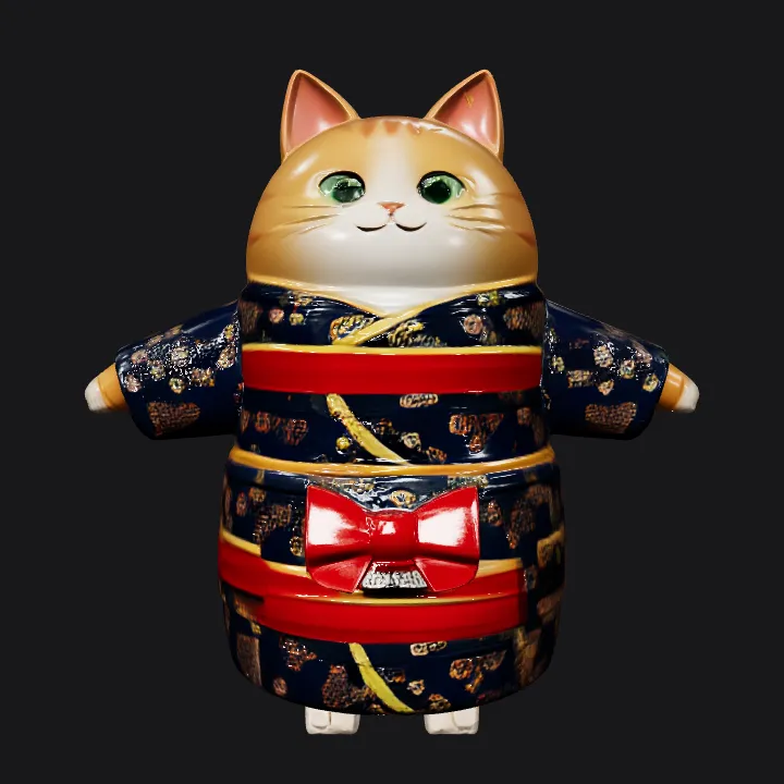 Cat wearing a kimono costume. smooth edges, simple geometry, game-ready, character.