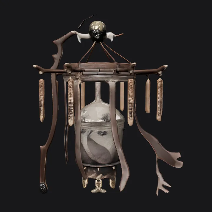 Creepy suspended skeletal shaman effigy. sharp edges, complex geometry, character.